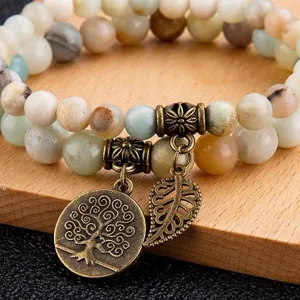Natural stone beaded double layer bracelet with tree of life pendant for women jewelry