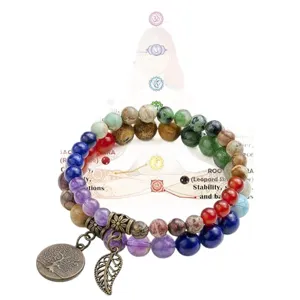 Natural stone beaded double layer bracelet with tree of life pendant bohemian jewelry for women
