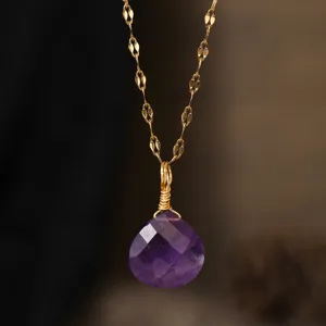 Collar Colgante Gota Amatista Púrpura Natural con Cadena Oro Moda Mujer Joyería