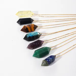 Natural crystal double pointed hexagonal pillar pendant necklace with gold plated chain for women