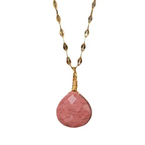 Collar con colgante de lágrima de cristal rosa natural para mujer, elegante joya de cadena dorada.