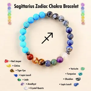 Vista detallada de la pulsera de cuentas de piedras preciosas chakra del zodiaco Sagitario.