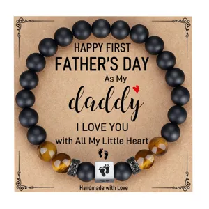 Mens tiger eye black stone bead bracelet with baby footprint charm for fathers day gift