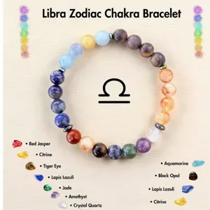 Detalle de la pulsera de piedras naturales chakra del zodiaco Libra con cuentas de cristal.