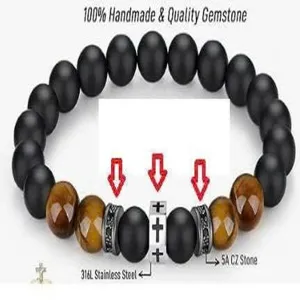 Detail view of men gemstone beaded bracelet with matte black and tiger eye stones.
