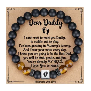 Mens Natural Stone Tiger Eye Bead Bracelet With Footprint Metal Charm Fathers Day Gift Beaded Bracelet Jewelry