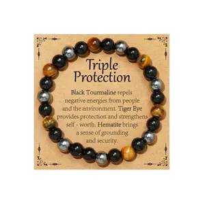 Triple protection natural stone beaded bracelet with black tourmaline tiger eye and hematite.