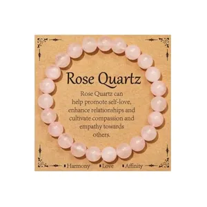 Natural rose quartz beaded bracelet for women crystal healing energy jewelry gift card pack