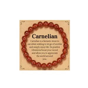 Natural carnelian beaded bracelet with card packaging, elegant gemstone healing jewelry for daily wear.