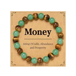 Close-up detail of beaded bracelet with green aventurine and tiger eye gemstones.