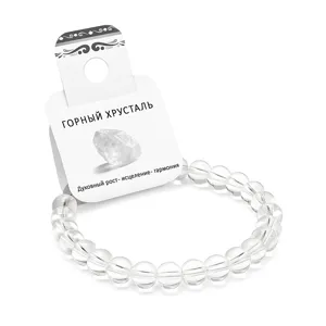 Clear crystal bead bracelet detail view showing transparent quartz stones and product tag.