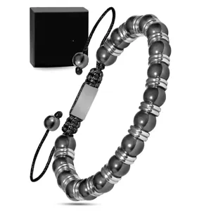 Bracelet de Perles d'Hématite Homme Femme Cordon Tressé Plaque Métal Boîte Cadeau