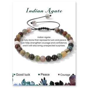 Detail shot of Indian Agate gemstone beaded bracelet featuring adjustable braided cord.