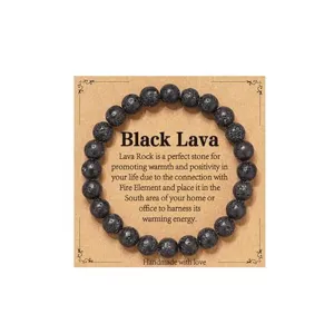 Natural black lava rock beaded bracelet on kraft paper card for women daily wear fashion
