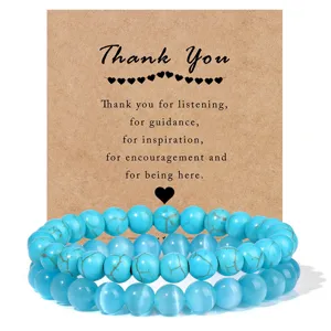 Turquoise cat eye double layer beaded bracelet set with thank you card for daily wear and party.