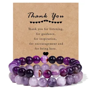 Purple agate beaded bracelet set with thank you card elastic stretch jewelry gift for women.