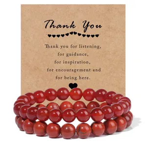Red agate bead bracelet with thank you card, double layer elastic gemstone wrist jewelry.