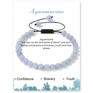 Natural gemstone aquamarine beaded bracelet with handmade adjustable braided cord for women.