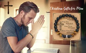 Mens beaded bracelet featuring tiger eye and matte obsidian with inspiring Christian faith card.