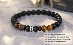 Beaded gemstone bracelet with stainless steel cross charm and matte obsidian stones for men.