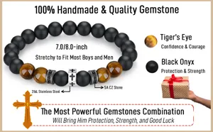 Men's Beaded Bracelet Tiger Eye Black Onyx Cross Stainless Steel Jewelry Gift