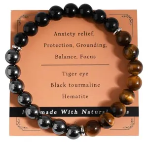 Natural Stone Crystal Beaded Bracelet Tiger Eye Black Tourmaline Obsidian Agate Unisex Fashion Jewelry