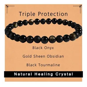 Triple protection crystal bracelet detail showcasing black onyx, gold obsidian and tourmaline beads.