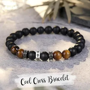 Men's beaded bracelet featuring matte obsidian and tiger's eye stones with a silver cross charm.