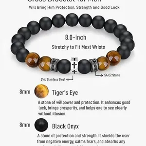 Mens gemstone beaded bracelet with black onyx and tiger eye beads, 8-inch stretchy design.