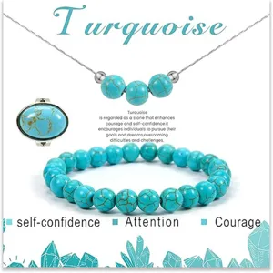 Set di gioielli in turchese con collana di perle, anello e bracciale in pietre blu naturali.