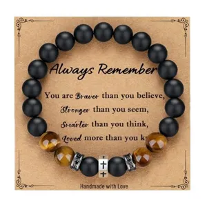 Men's Natural Tiger Eye & Matte Obsidian Beaded Bracelet with Cross Charm and Card Gift