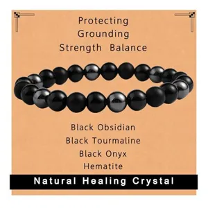 Natural black obsidian tourmaline onyx hematite crystal healing bracelet for daily wear