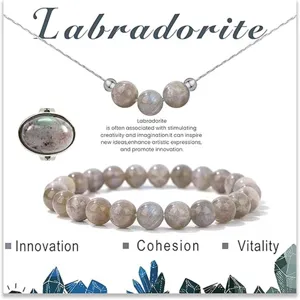 Set di gioielli in labradorite con collana, anello e bracciale di perle in pietra naturale.