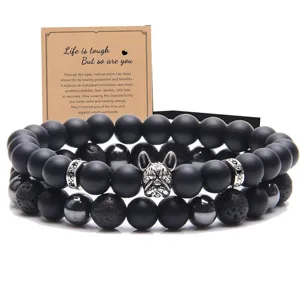 Pulsera de cuentas de piedra de lava obsidiana doble con dije de bulldog frances elegante