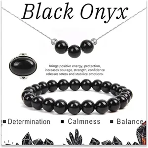 Set di gioielli in onice nera con collana bracciale e anello di perle di pietra naturale.