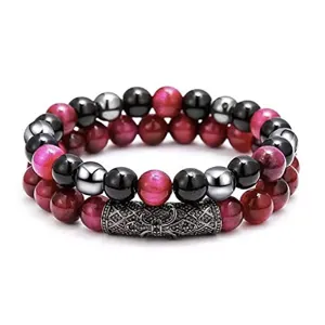 Pulsera de cuentas de doble capa con piedras ojo de tigre y abalorio de cilindro de metal.