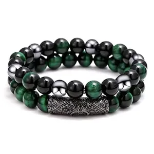 Pulsera de cuentas de ojo de tigre verde natural de doble capa con cilindro de metal.