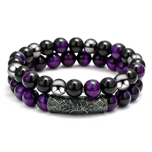 Pulsera de cuentas de doble capa de ojo de tigre y obsidiana con cilindro metálico.