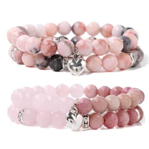 Natuursteen Dubbele Laag Kralen Armband Set Hart Hanger Strass Afstandsring Mode Sieraden Cadeau Voor Vrouwen