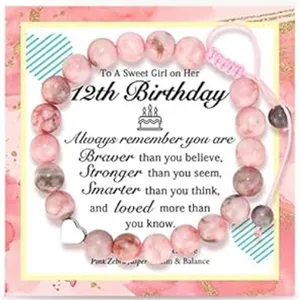 Pink zebra jasper beaded bracelet for girls 12th birthday gift adjustable braided