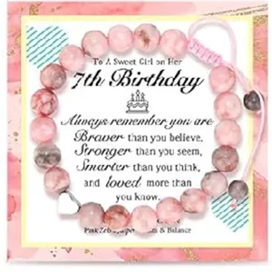 Pink zebra jasper beaded bracelet with birthday card gift for women girls daily wear jewelry