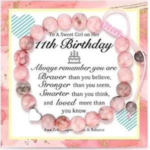 Pink zebra jasper beaded bracelet for girls birthday gift with sweet blessing card jewelry.