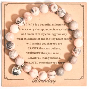 Pulsera de Cuentas de Piedra Cebra Rosa Natural Con Colgante de Corazón de Plata Joya de Regalo de Cumpleaños Hecha a Mano Para Mujeres Hombres