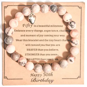 Pulsera de cuentas de jaspe cebra rosa con dije de corazón para regalo 50 cumpleaños