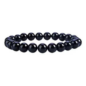Black obsidian gemstone beaded bracelet main product view showing smooth round stones.