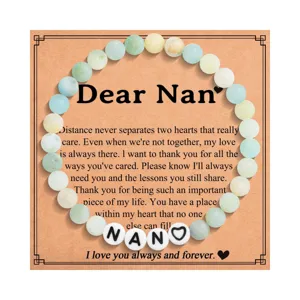 Natural stone beaded bracelet with custom letter card for grandmother, meaningful gift jewelry.