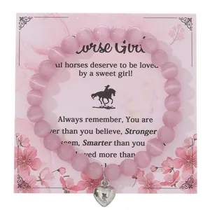 Bracciale di perle di cristallo rosa con ciondolo a cuore carta tema cavallo regalo donna