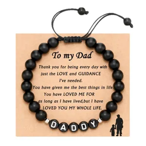 Black stone bead bracelet with DADDY letters and father's day card gift for men.