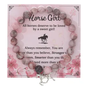 Bracciale di Perline in Pietra Naturale Agata Rosa Zebra Diaspro Quarzo Braccialetti di Filo di Perle Rotonde Con Pendente a Cuore Cavallo Gioielli Regalo Unisex
