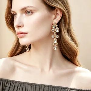Vintage retro multi-layer teardrop crystal dangle earrings for women elegant metallic jewelry